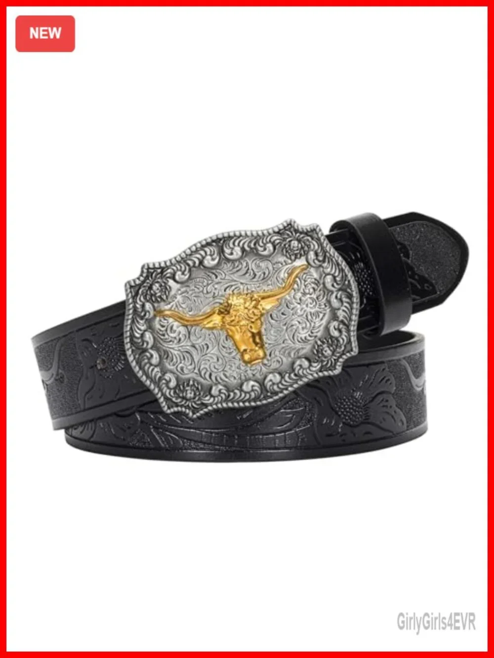 Western Cowboy Belt Faux Leather PU Floral Bull Buckle 1.5